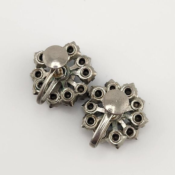 Vintage Earring .75" Cottagecore Blue & Green Layered Stacked Rhinestone Cluster - Picture 2 of 5